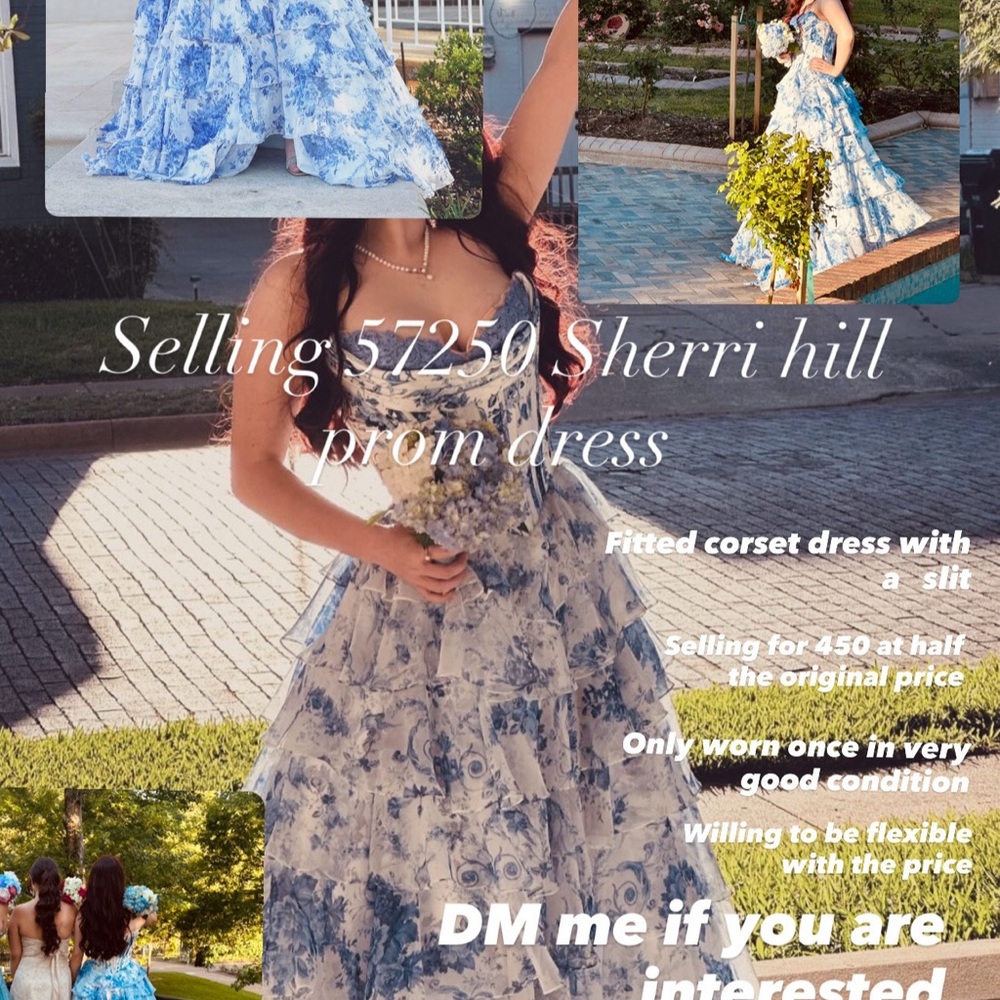 Sherri Hill 57250 Blue & White Floral Tiered Corset Prom Gown